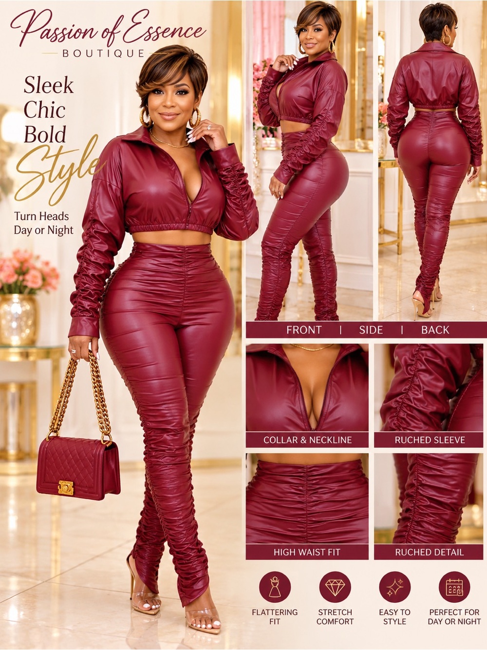 Chic Ruched PU Leather Two-Piece Set – Cropped Zip Top & High-Waist Pants (S-L)